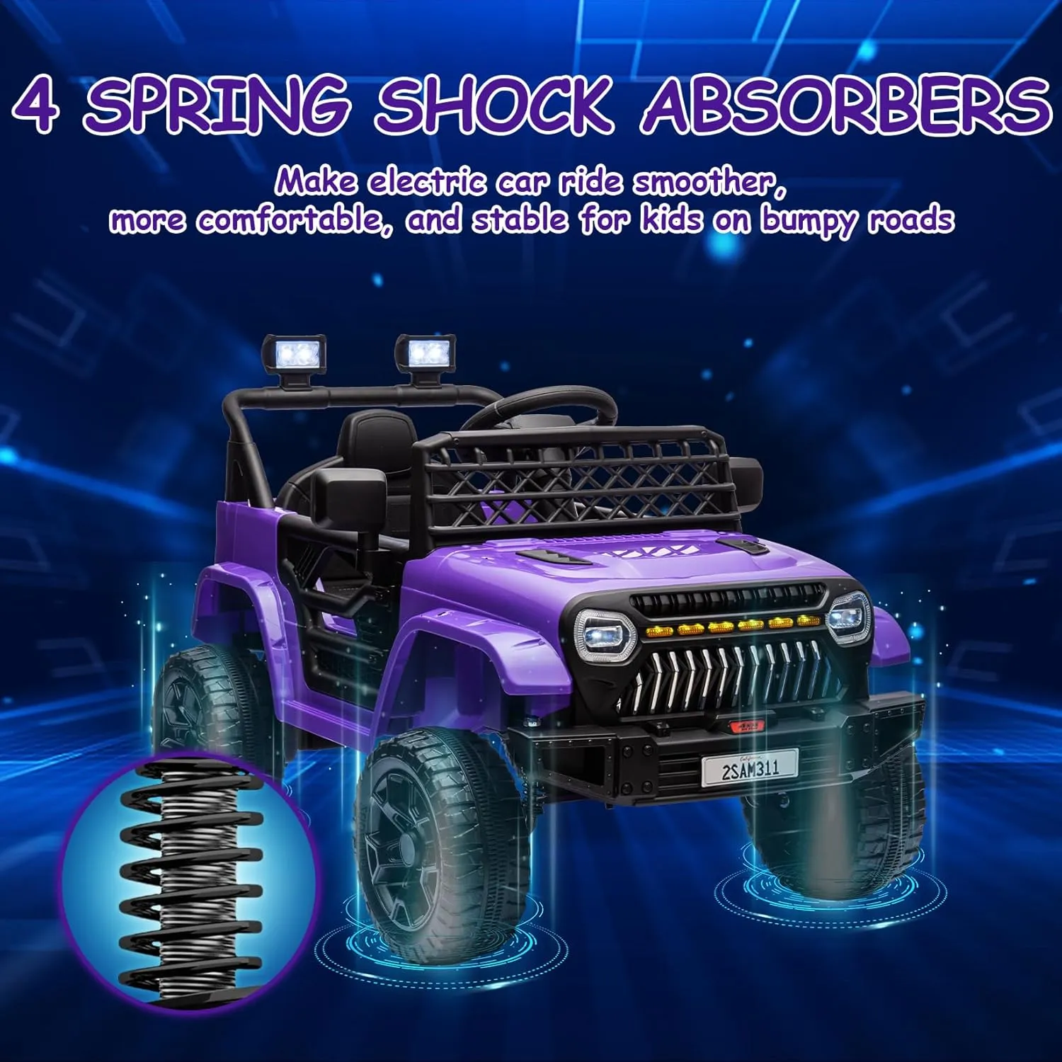 12V Kids Ride On Truck Electric Vehicle Battery Powered Car Toddles Ride On Toy for Boys Girls with Remote Control, 4-Wheel Suspension, Battery Display, LED Lights, Music, Purple