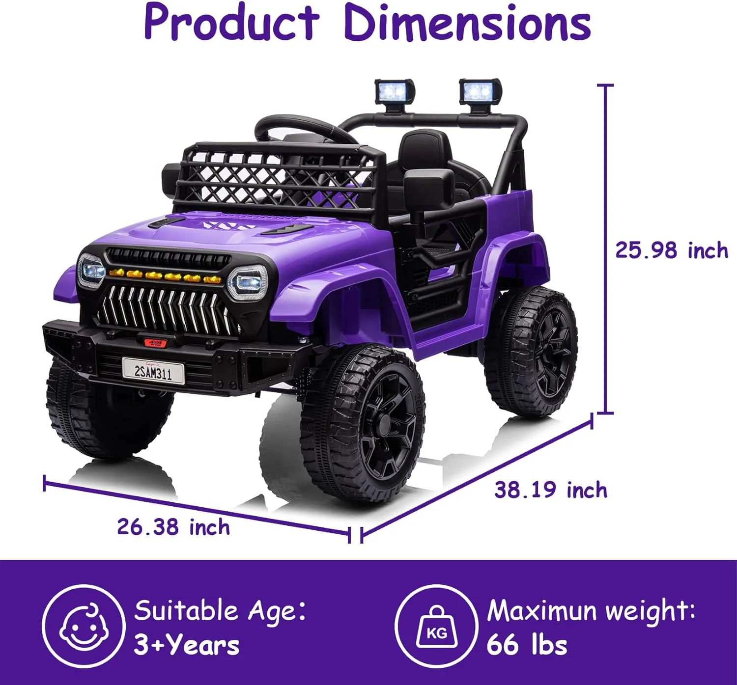 12V Kids Ride On Truck Electric Vehicle Battery Powered Car Toddles Ride On Toy for Boys Girls with Remote Control, 4-Wheel Suspension, Battery Display, LED Lights, Music, Purple