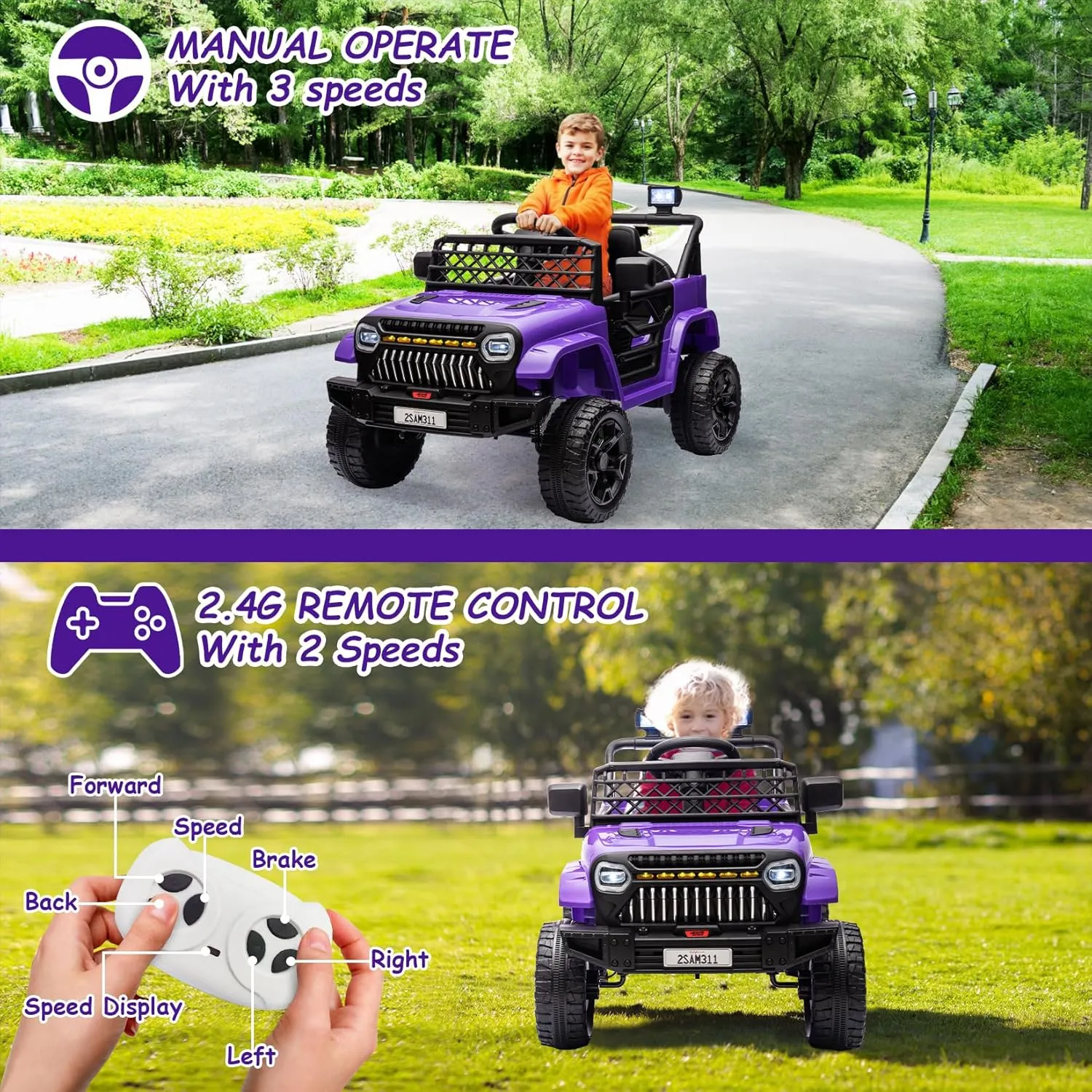 12V Kids Ride On Truck Electric Vehicle Battery Powered Car Toddles Ride On Toy for Boys Girls with Remote Control, 4-Wheel Suspension, Battery Display, LED Lights, Music, Purple