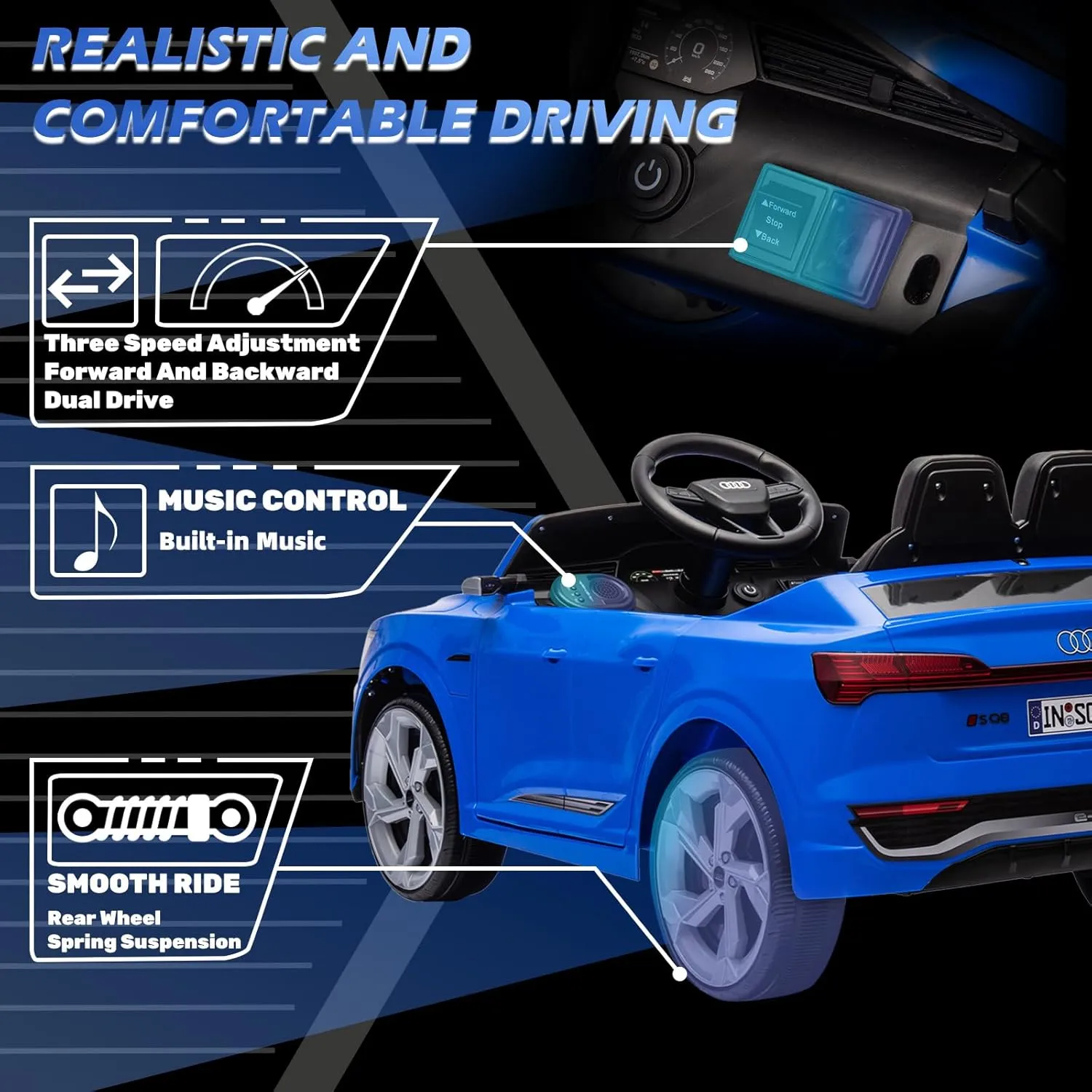 12V Licensed Audi SQ8 Kids Ride on Car - Ride on Toys with Remote Control, Dual Drive, Soft Start, 3 Speed, Music, LED Light, Battery Powered Electric Car for Toddlers Boys Girls Aged 3 , Blue
