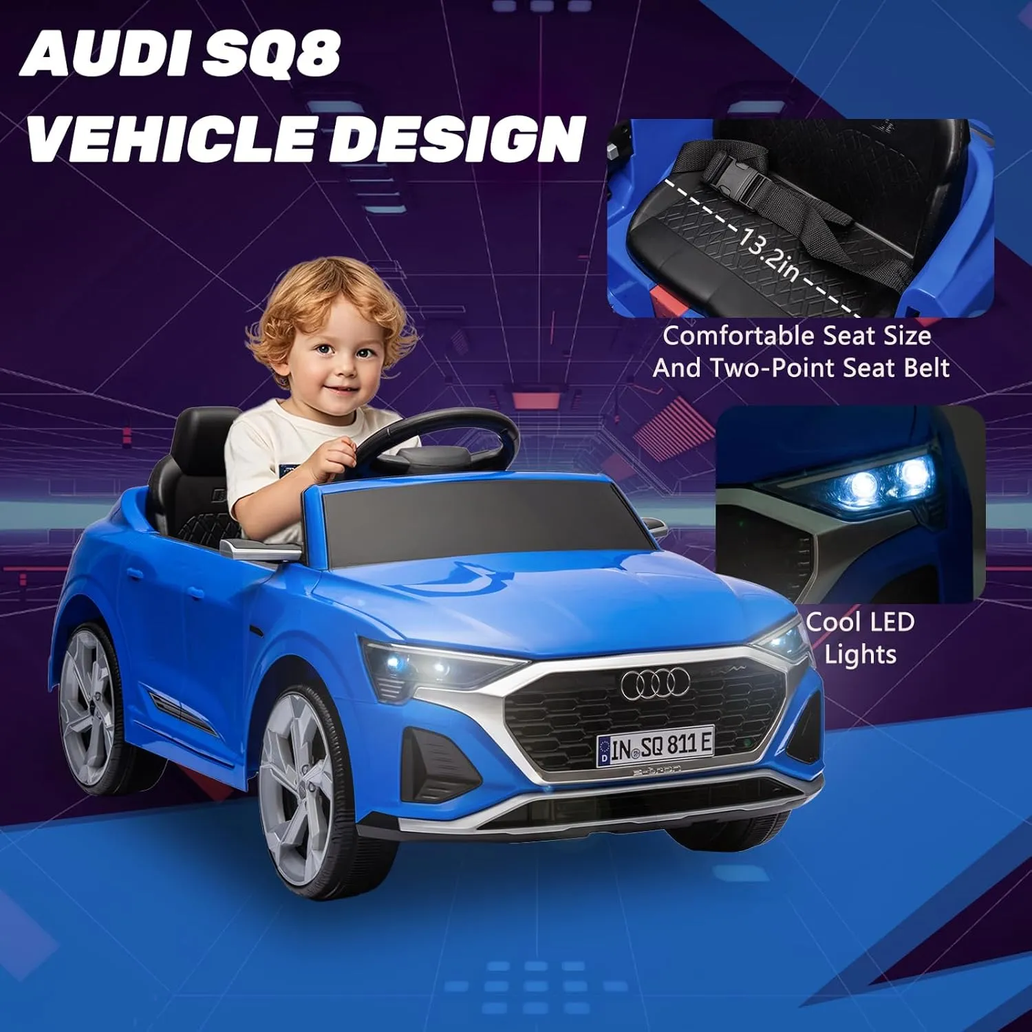 12V Licensed Audi SQ8 Kids Ride on Car - Ride on Toys with Remote Control, Dual Drive, Soft Start, 3 Speed, Music, LED Light, Battery Powered Electric Car for Toddlers Boys Girls Aged 3 , Blue