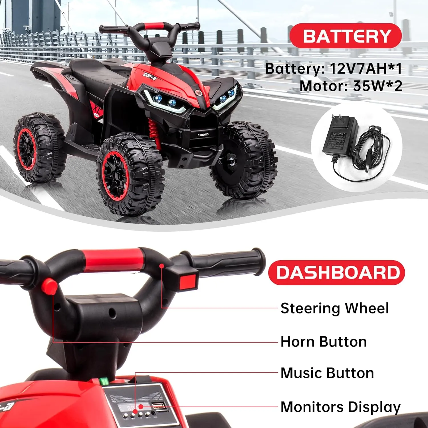 12V Ride On ATV for Kids Electric Four Wheeler for Toddlers Ages 3-8, Battery Powered Quad with Remote Control, LED Lights, Music, High/Low Speed, USB, Red
