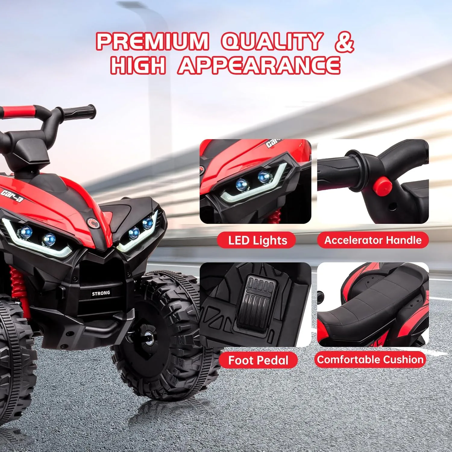 12V Ride On ATV for Kids Electric Four Wheeler for Toddlers Ages 3-8, Battery Powered Quad with Remote Control, LED Lights, Music, High/Low Speed, USB, Red