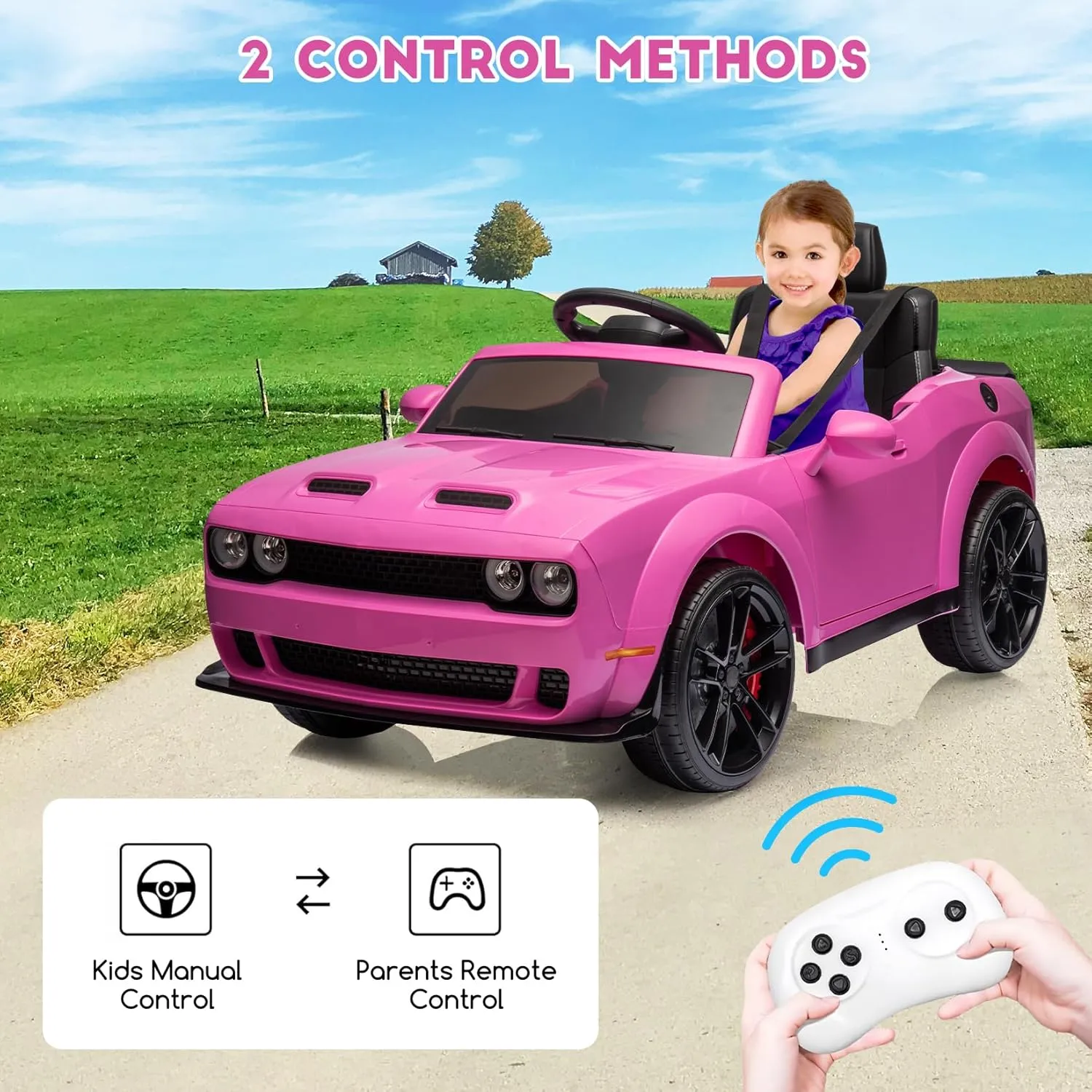 12V Ride on Car, Licensed Dodge Challenger Kids' Electric Car, Battery Powered Electric Vehicle with Remote Control, LED Headlights, Battery Display, Music