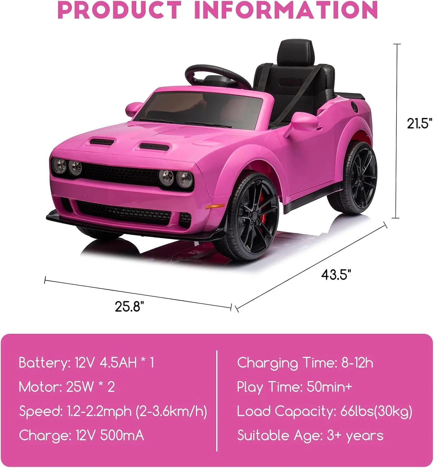 12V Ride on Car, Licensed Dodge Challenger Kids' Electric Car, Battery Powered Electric Vehicle with Remote Control, LED Headlights, Battery Display, Music