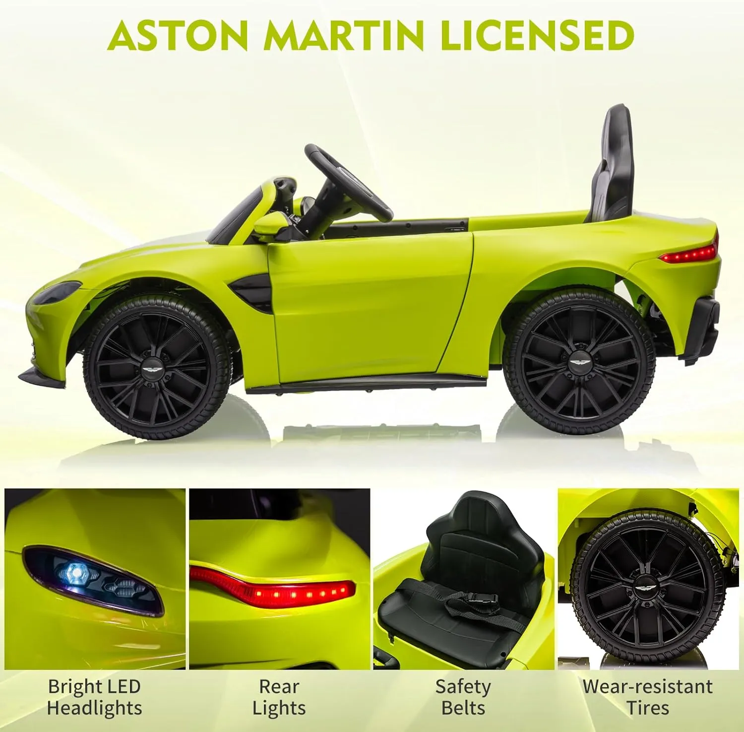12V Ride on Sports Car for Kids Licensed Aston Martin Battery Powered Car Toddlers Ride on Toy with Remote Control, Horn, Soft Start, LED Lights, Music, USB, Electric Vehicle for Boys Girls (Green)