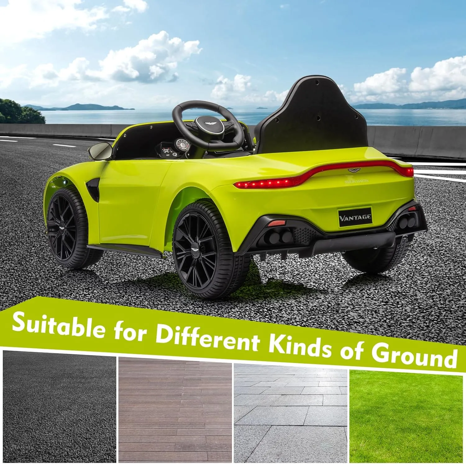 12V Ride on Sports Car for Kids Licensed Aston Martin Battery Powered Car Toddlers Ride on Toy with Remote Control, Horn, Soft Start, LED Lights, Music, USB, Electric Vehicle for Boys Girls (Green)