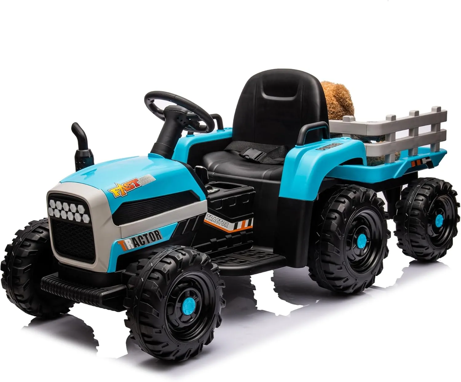 12V Ride On Tractor with Trailer Remote Control Battery Powered Electric Tractor with LED Lights Music Birthday for Boys Girls Blue