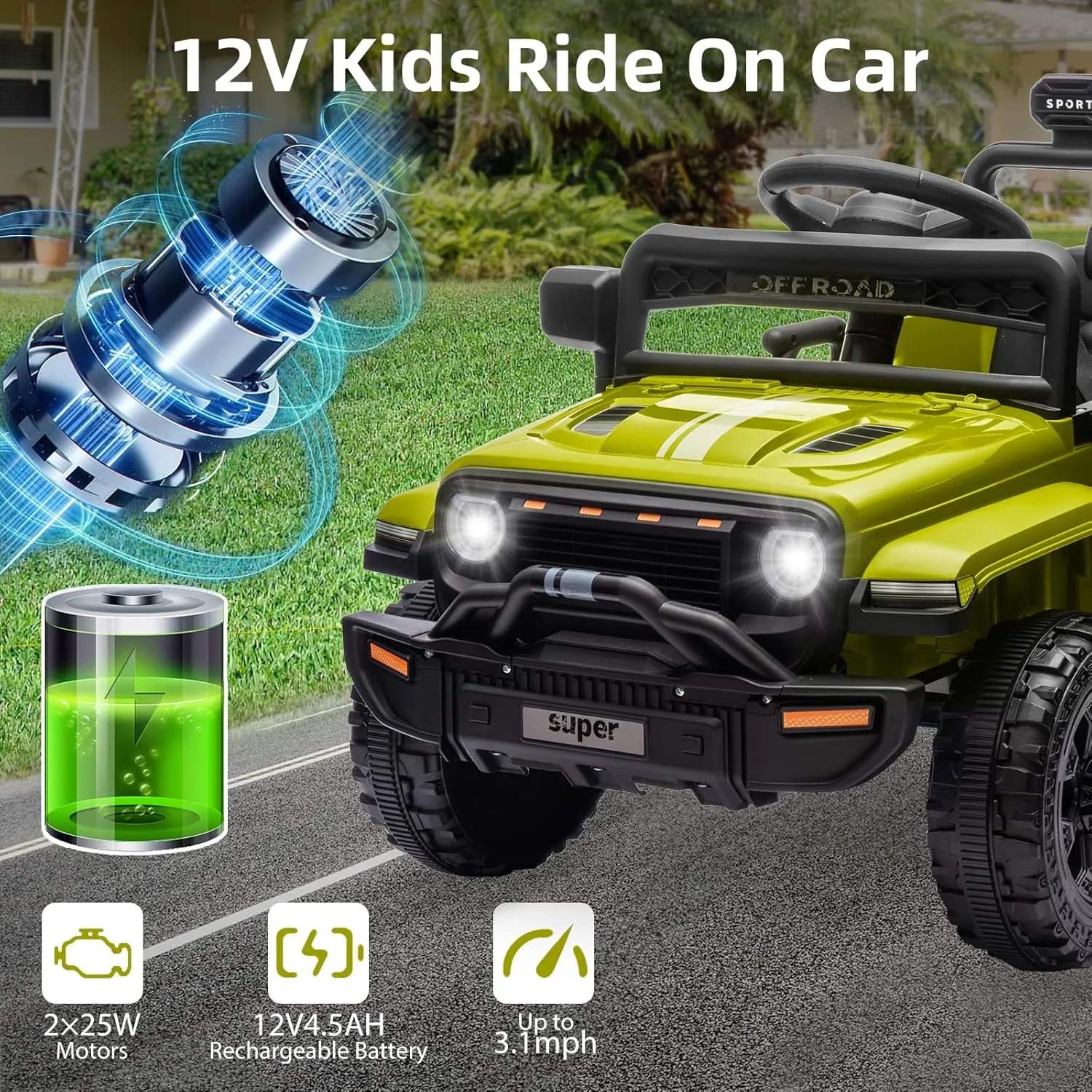 12V Ride On Truck Car, Toddler Ride On Toy w/Parent Remote Control, Steering Wheel Music, 4-Wheel Spring Suspension, Led Lights, 2 Speeds, Kids Electric Vehicles for Age 3-5