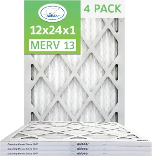 12x24x1 Air Filter MERV 13 (4-Pack) TRION Air Bear Pleated HVAC Air Filters Replacement (Actual Size: 11.50 x 23.50 x 0.75 Inches)