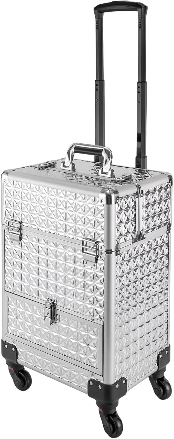 13.4*9.8*18.5inch Rolling Nail Case Wheeled Manicure Storage Case Polish Organizer 44.09lbs Professional Makeup Trolley for Studio or Travelling Nail Technician Artists Cosmetologist Stylist (Silver)