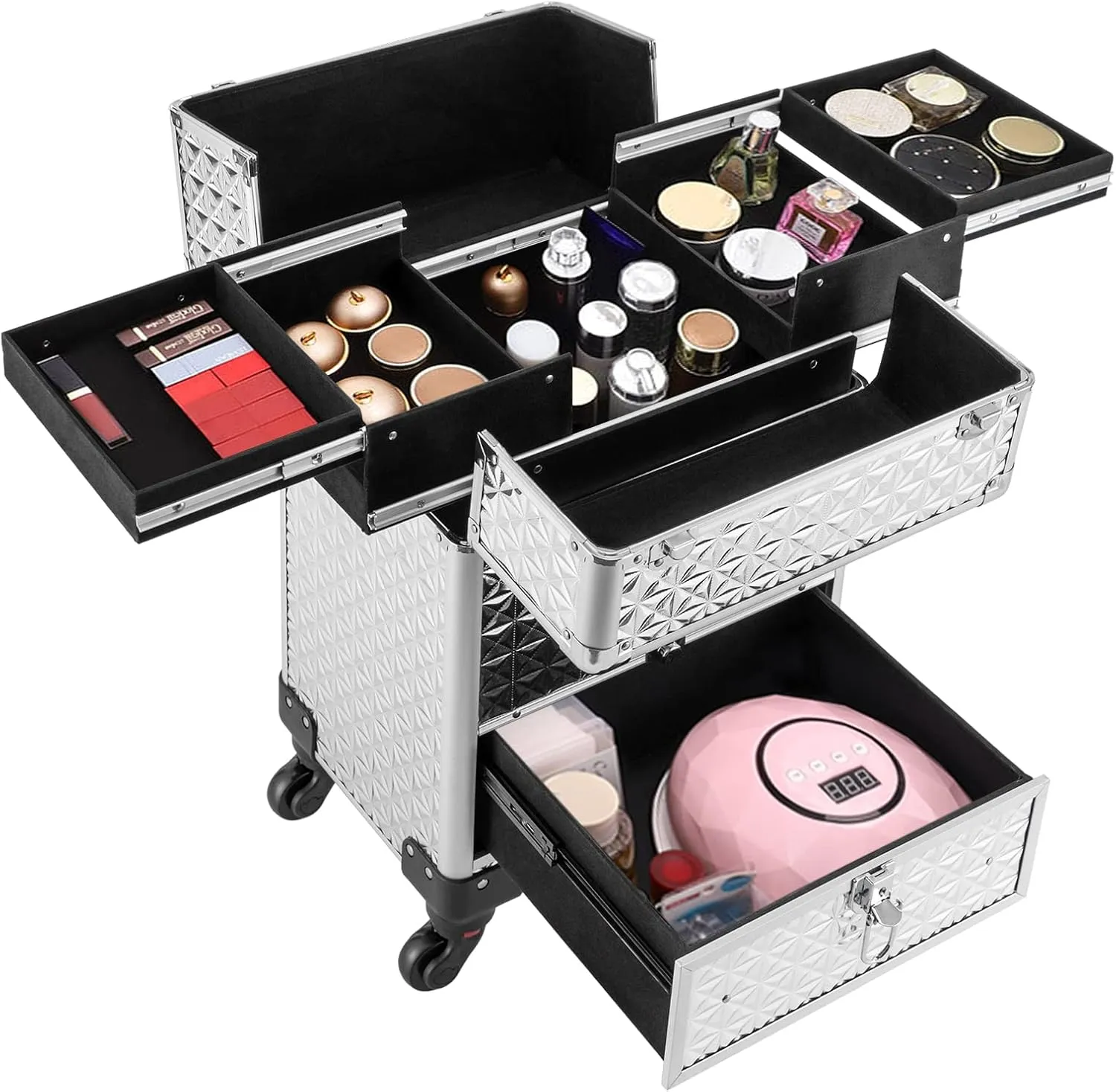 13.4*9.8*18.5inch Rolling Nail Case Wheeled Manicure Storage Case Polish Organizer 44.09lbs Professional Makeup Trolley for Studio or Travelling Nail Technician Artists Cosmetologist Stylist (Silver)