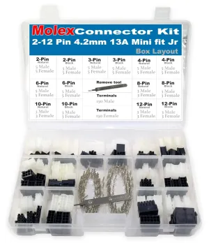 13amp Molex Mini-Fit Jr Terminals Size 18-24 AWG Connector Kit Set (417pcs (2-12 Pin) Black & Natural)