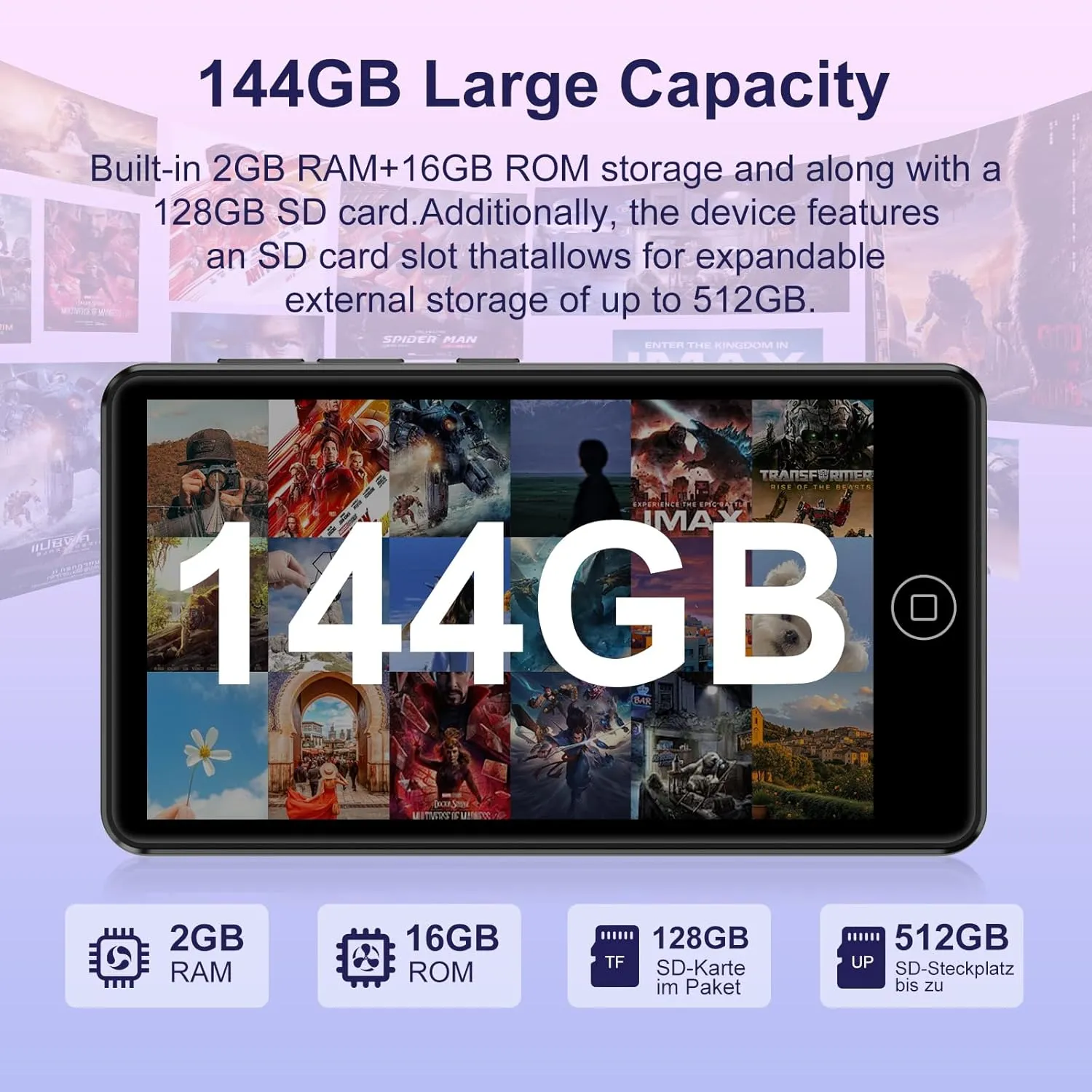 144GB MP3 Player with Bluetooth and WiFi,MP3 & MP4 Players with 4.02-inch Touchscreen and Speaker,Spotify Music Players with Pandora,Audible,Amazon Music,Spotify,Play Store,Up to 1TB