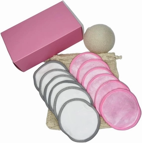14pc Set Organic Bamboo Cotton Washable Reusable Makeup Remover Pads | 6 White Rounds, 6 Pink Rounds, Konjac Facial Sponge   Drawstring Laundry Bag