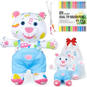 15 Inch Doodle Bear Doll, Retro Coloring Bear with 12 Washable Markers, Stuffed Animal 90s Toy Creative Gifts for Kids, Holiday/Birthday/Christmas Painting Gift for Girls Ages 3-5,5-7