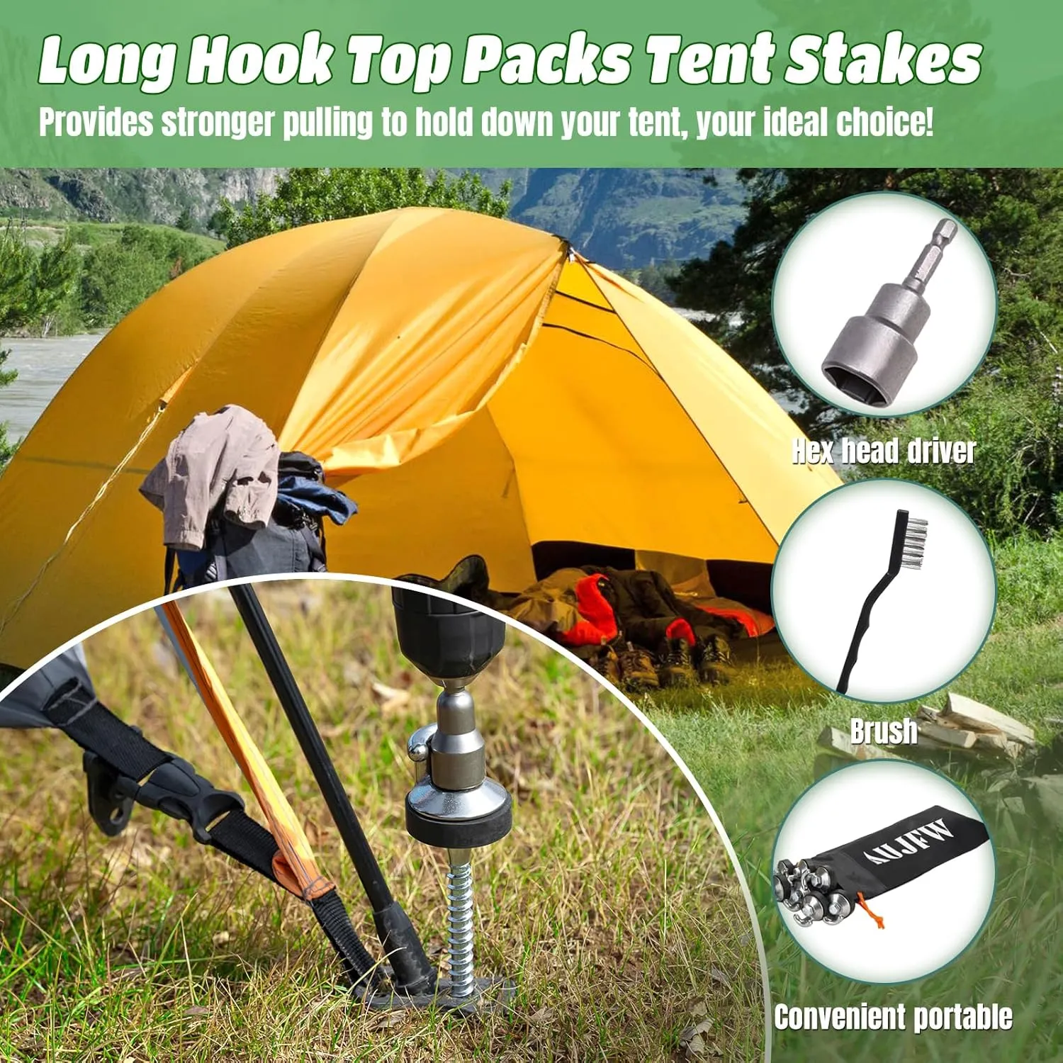 16 Pcs 12" Drillable Threaded Long Hook Top Packs Tent Stakes, Heavy Duty Hardened Steel Ground Pegs for Grassland Garden Tents Canopies Awnings Camping Travel (Hex Tool and Storage Bag)