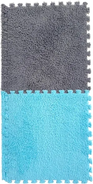 16 Pcs EVA Foam Square Interlocking Plush Carpet Tiles - 12"x12", 16Sq,Ft Children Exercise Crawling Play Mat Protective Floor Tiles Soft Shaggy Area Rugs for Kids Room, Parlor, Bedroom(Grey Blue)