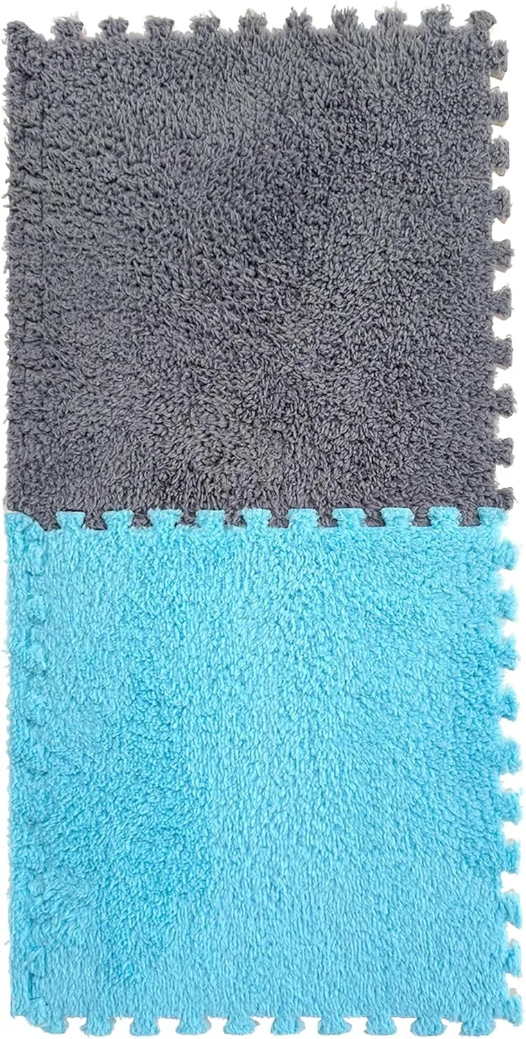 16 Pcs EVA Foam Square Interlocking Plush Carpet Tiles - 12"x12", 16Sq,Ft Children Exercise Crawling Play Mat Protective Floor Tiles Soft Shaggy Area Rugs for Kids Room, Parlor, Bedroom(Grey Blue)