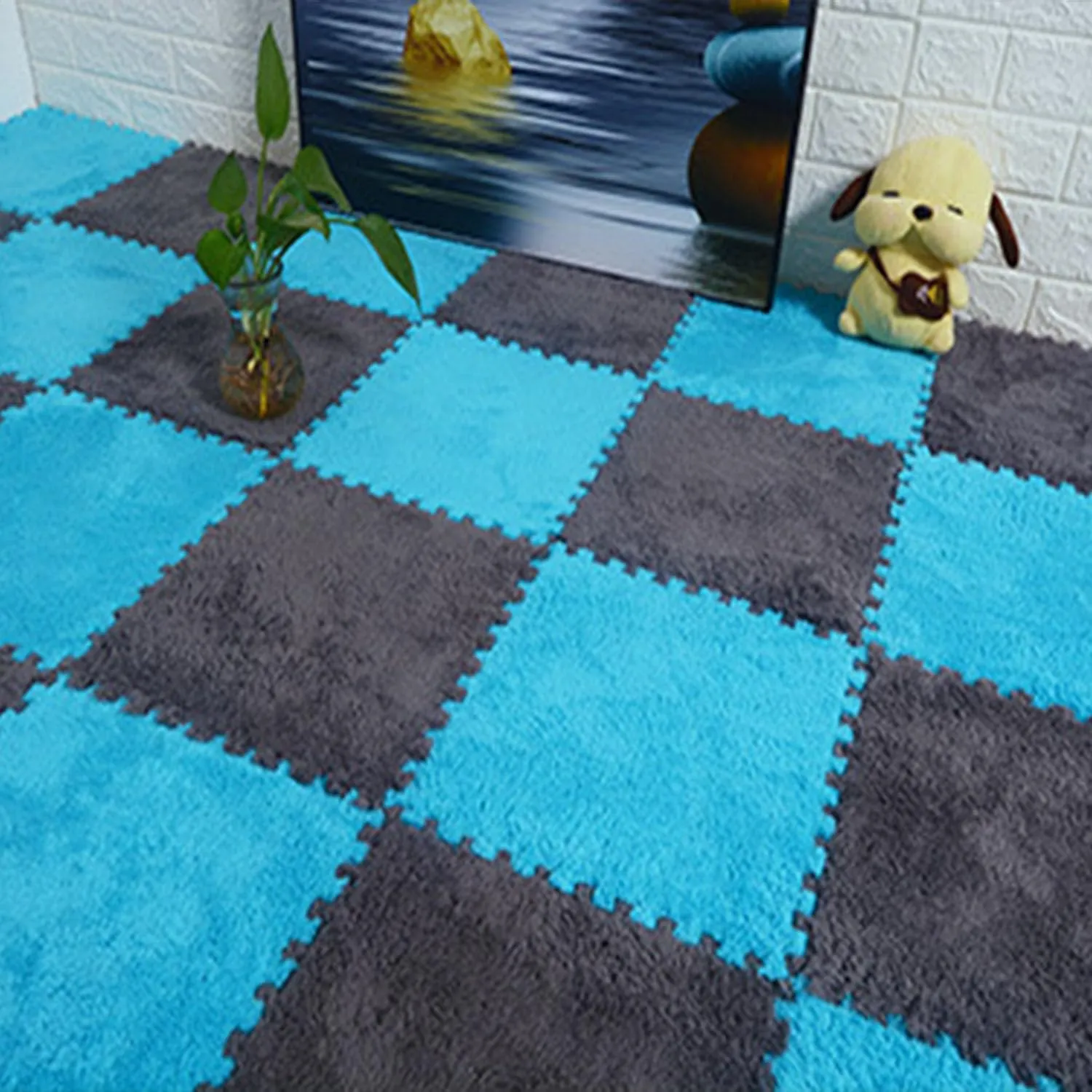 16 Pcs EVA Foam Square Interlocking Plush Carpet Tiles - 12"x12", 16Sq,Ft Children Exercise Crawling Play Mat Protective Floor Tiles Soft Shaggy Area Rugs for Kids Room, Parlor, Bedroom(Grey Blue)