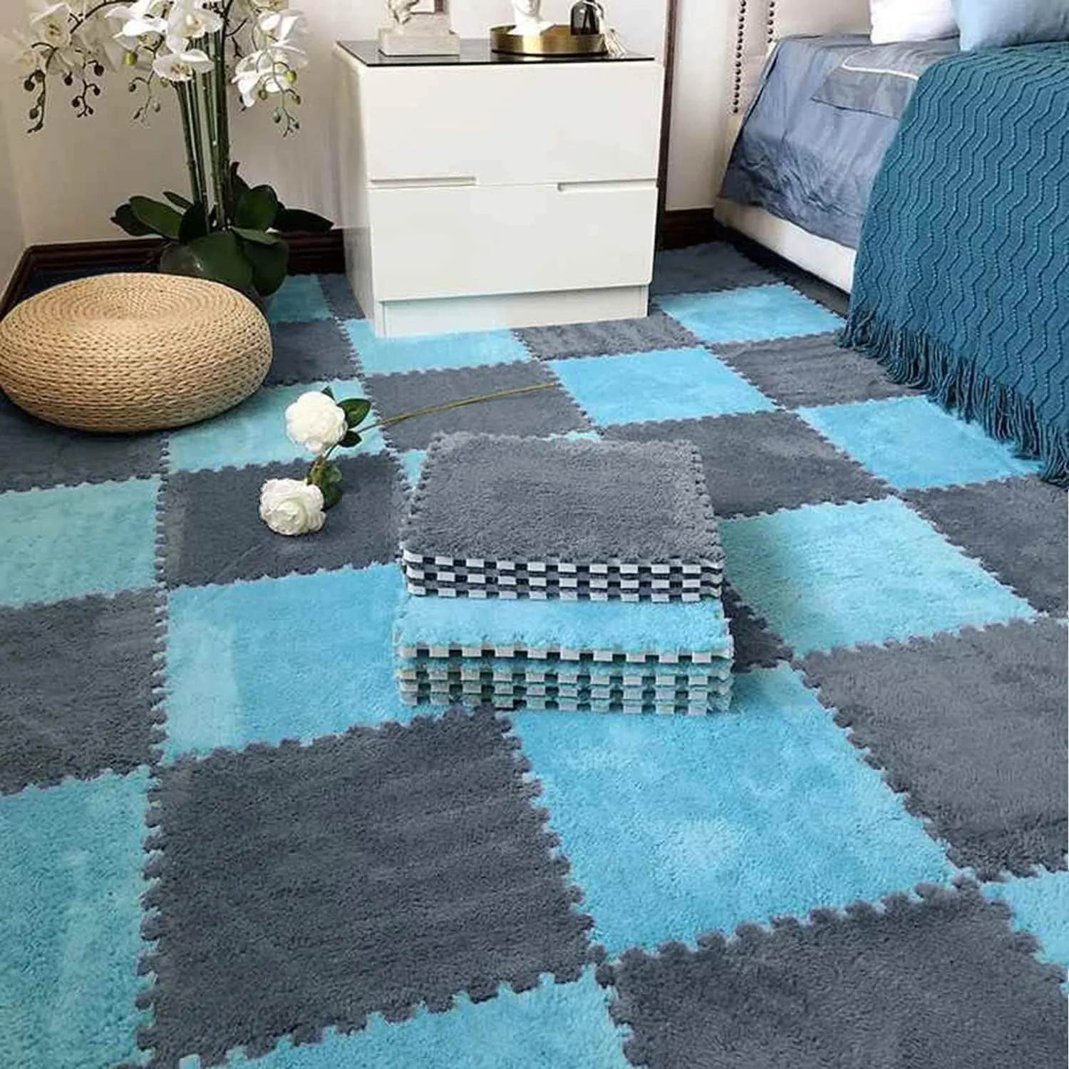 16 Pcs EVA Foam Square Interlocking Plush Carpet Tiles - 12"x12", 16Sq,Ft Children Exercise Crawling Play Mat Protective Floor Tiles Soft Shaggy Area Rugs for Kids Room, Parlor, Bedroom(Grey Blue)