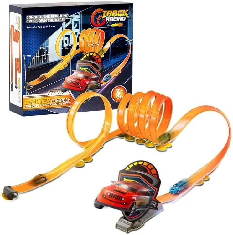 16.4-Foot Flexible Soft Rubber Race Track Set – Customizable Shape, Loop, Speed Ramps & Pull-Back Cars – Fun Ring Jump Action for Kids Ages 3  – Creative Racing Toy