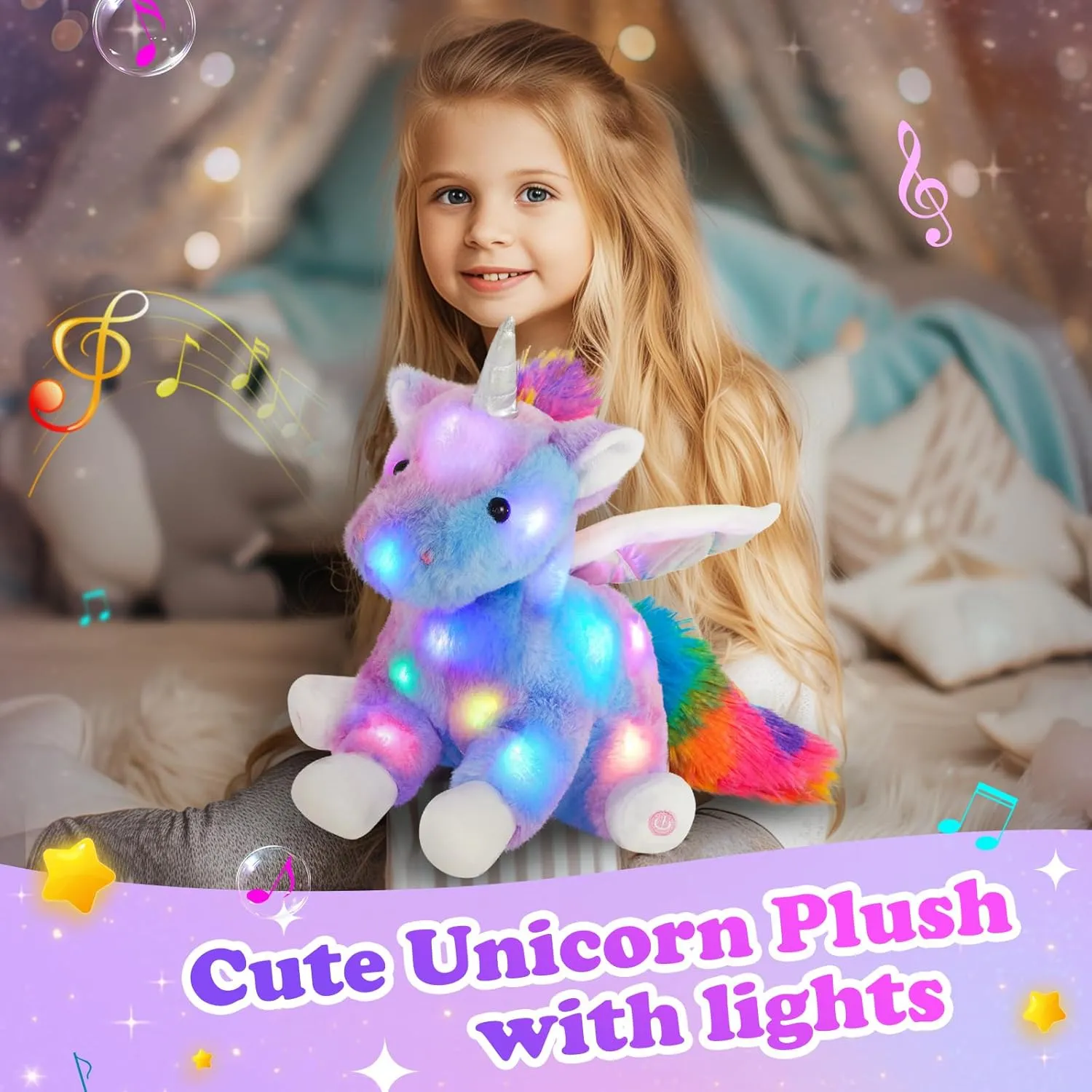 16.5" Unicorn Light up Musical Unicorn Stuffed Animal Glowing Singing Soft Plush Toys Decor Birthday Christmas Children's Day Gifts for Toddlers Boys Girls Kids