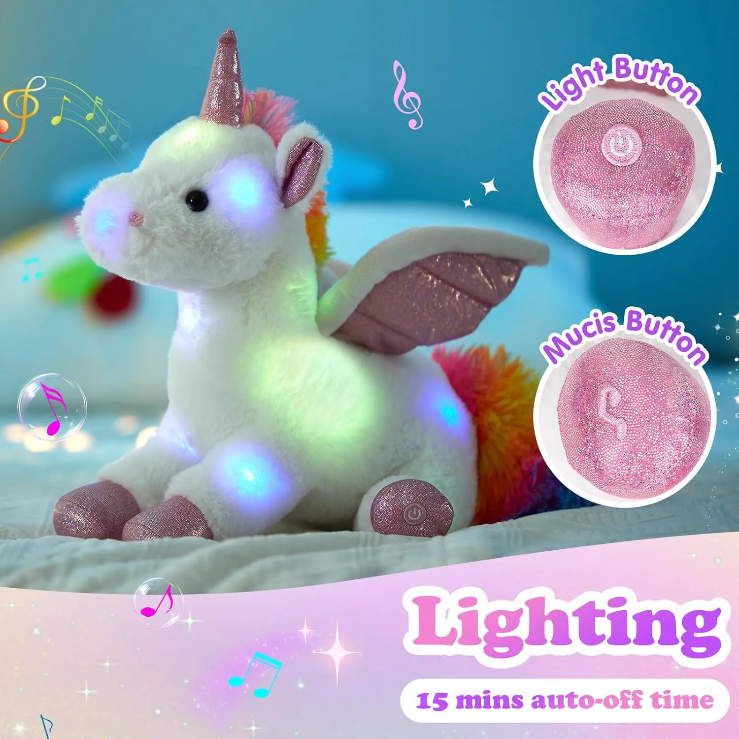 16.5" White Light up Musical Unicorn Stuffed Animal Glowing Singing Soft Plush Toys Decor Birthday Christmas Children's Day Gifts for Toddlers Boys Girls Kids