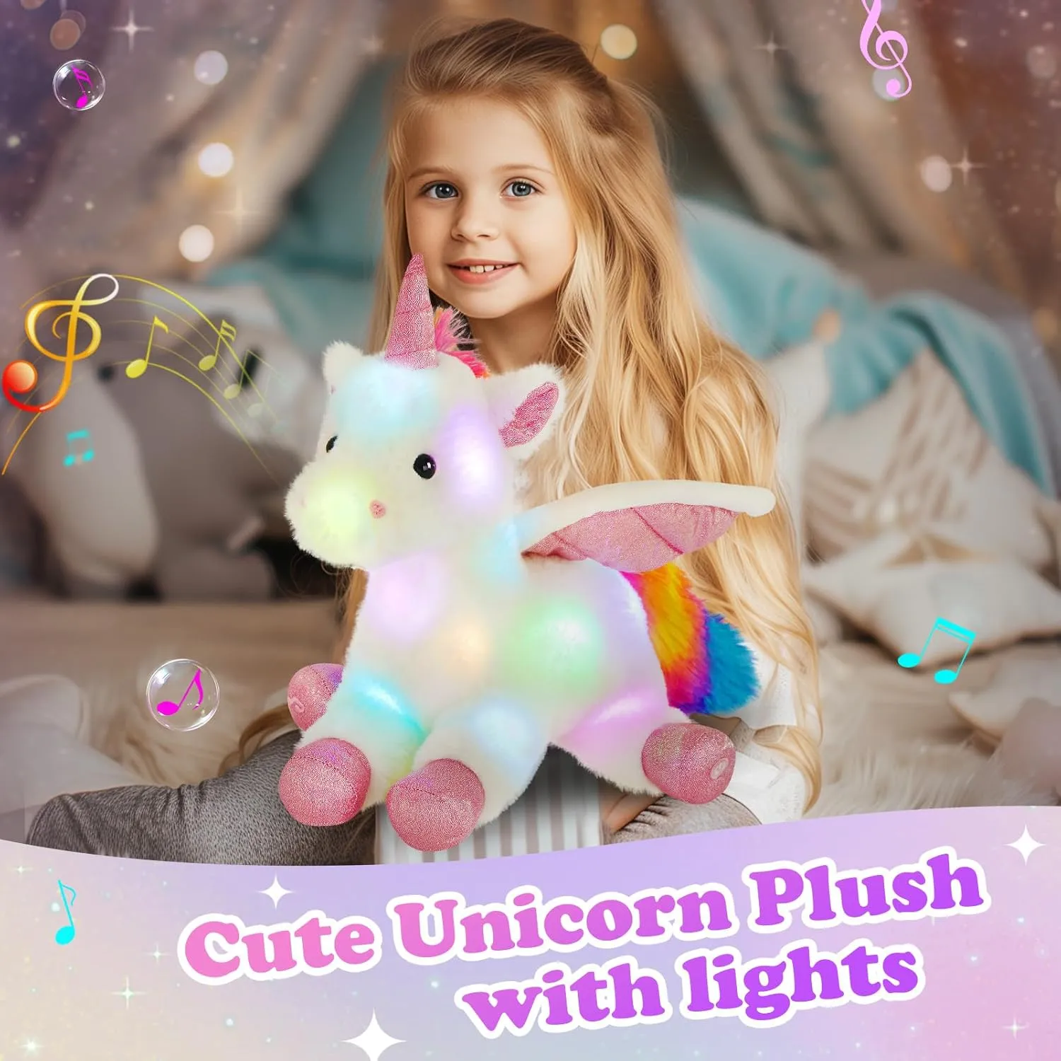 16.5" White Light up Musical Unicorn Stuffed Animal Glowing Singing Soft Plush Toys Decor Birthday Christmas Children's Day Gifts for Toddlers Boys Girls Kids