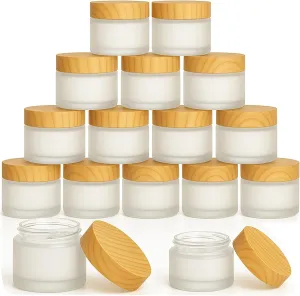 16Pcs 1oz & 1.7oz Glass Cosmetic Containers with Wood Grain Lids – Refillable Frosted Glass Jars, Leakproof Cream Containers for Travel, Body Scrub, Lotion, Lip Scrub, DIY Skincare（50ml/30ml）