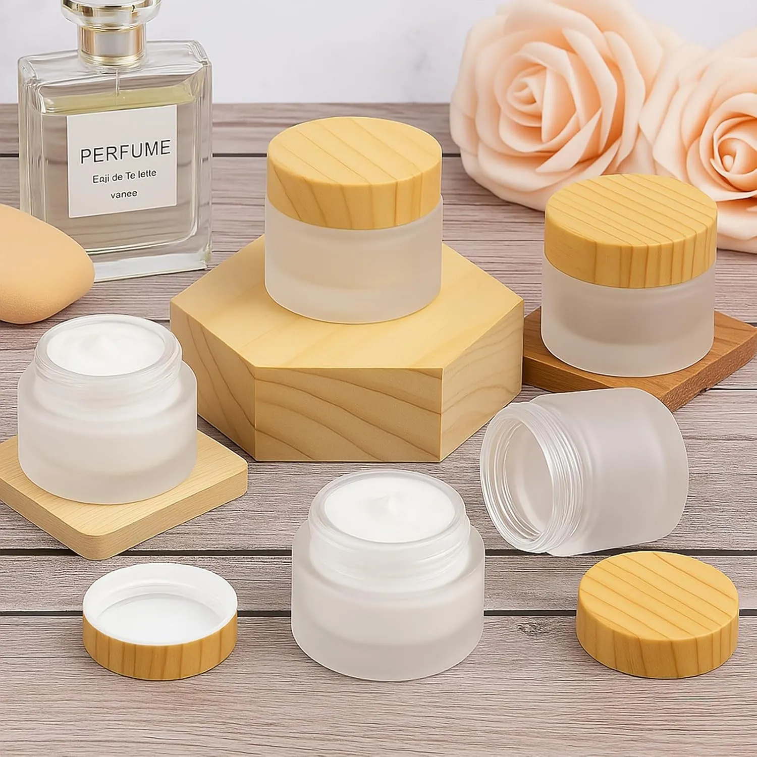 16Pcs 1oz & 1.7oz Glass Cosmetic Containers with Wood Grain Lids – Refillable Frosted Glass Jars, Leakproof Cream Containers for Travel, Body Scrub, Lotion, Lip Scrub, DIY Skincare（50ml/30ml）