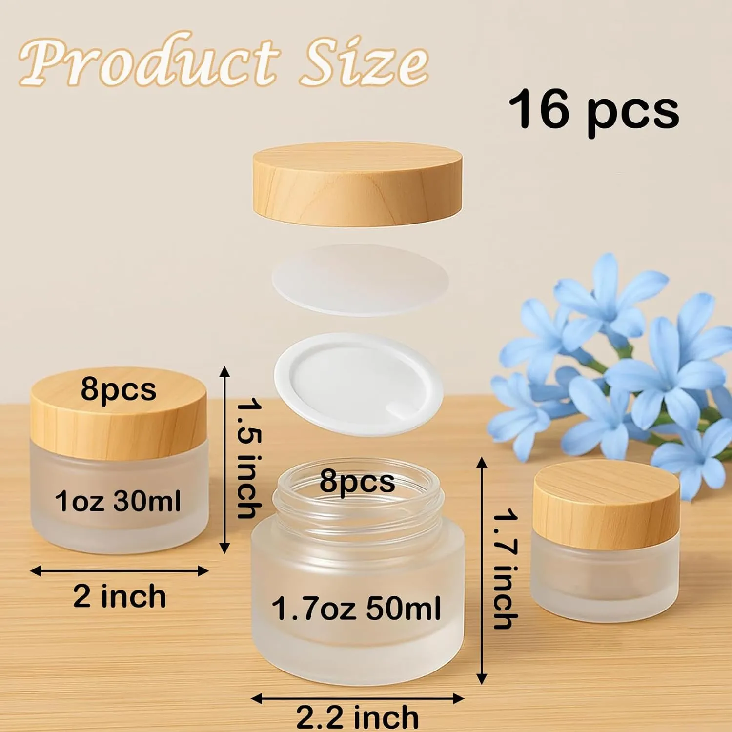 16Pcs 1oz & 1.7oz Glass Cosmetic Containers with Wood Grain Lids – Refillable Frosted Glass Jars, Leakproof Cream Containers for Travel, Body Scrub, Lotion, Lip Scrub, DIY Skincare（50ml/30ml）