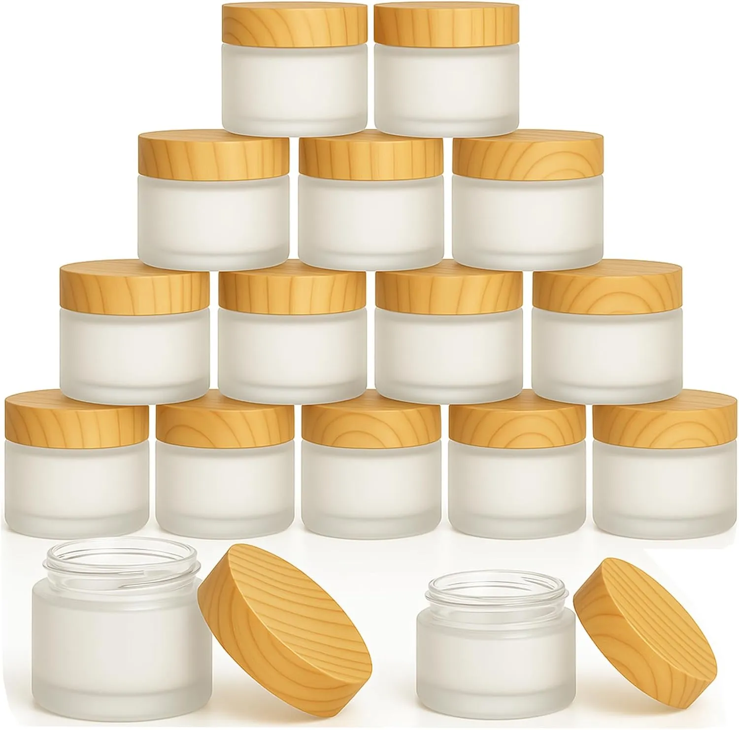 16Pcs 1oz & 1.7oz Glass Cosmetic Containers with Wood Grain Lids – Refillable Frosted Glass Jars, Leakproof Cream Containers for Travel, Body Scrub, Lotion, Lip Scrub, DIY Skincare（50ml/30ml）