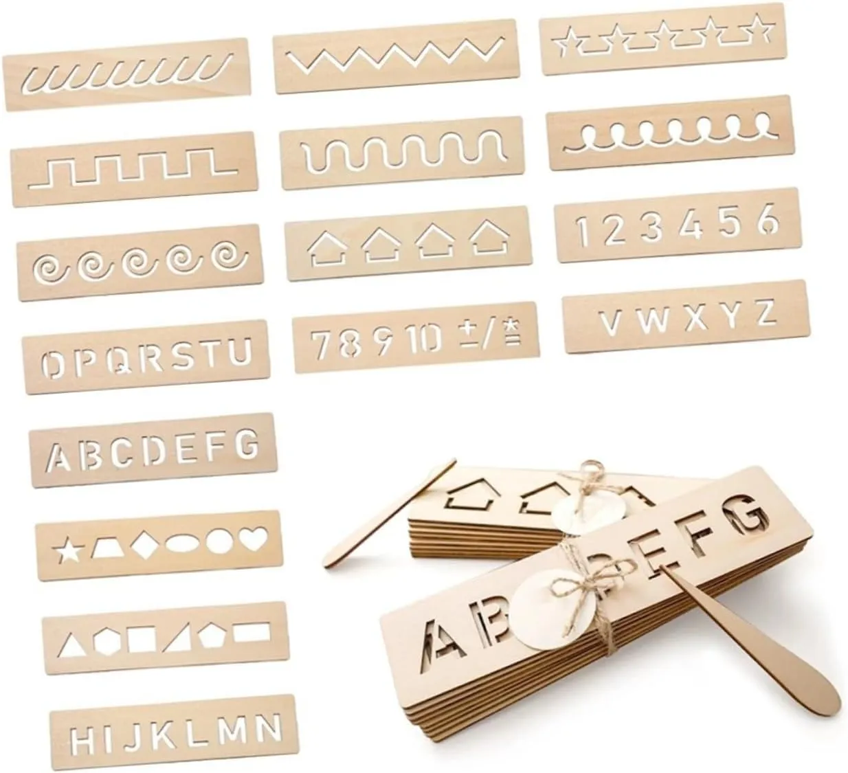 16Pcs Wooden Tracing Board for Early Learning Cognitive Plaything with Alphabet Numbers Geometric Shapes Plaything for Ages