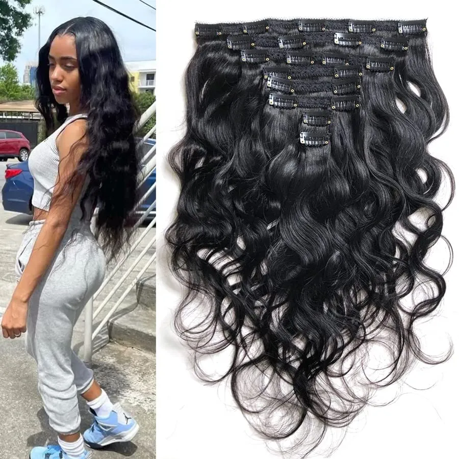 16" Clips in Wavy Hair Extensions Brazilian Body Wave Remy Human Hair Natural Black (#1B)