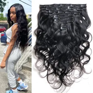 16" Clips in Wavy Hair Extensions Brazilian Body Wave Remy Human Hair Natural Black (#1B)