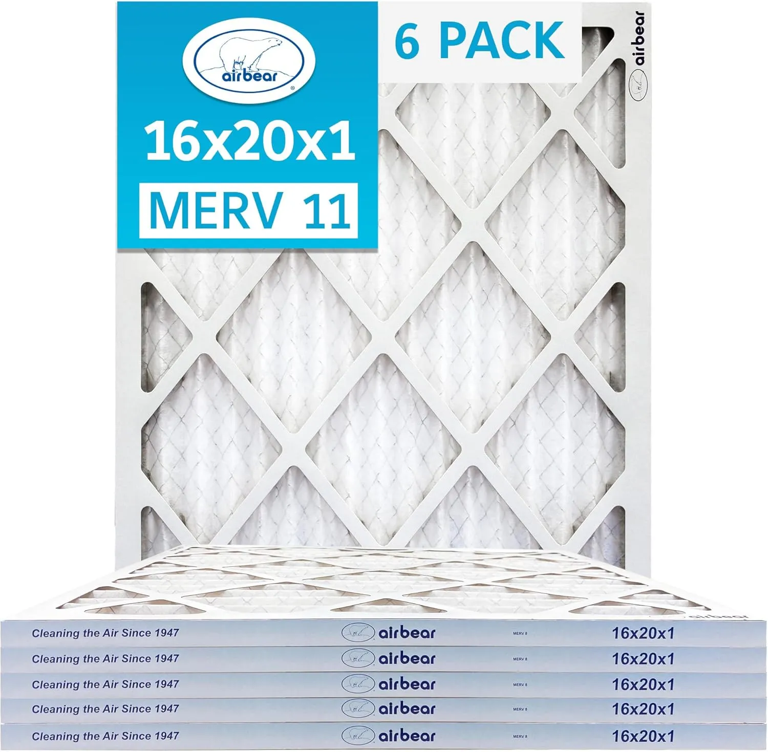 16x20x1 Air Filter MERV 11 (6-Pack) TRION Air Bear Pleated HVAC Air Filters Replacement (Actual Size: 15.50 x 19.50 x 0.75 Inches)
