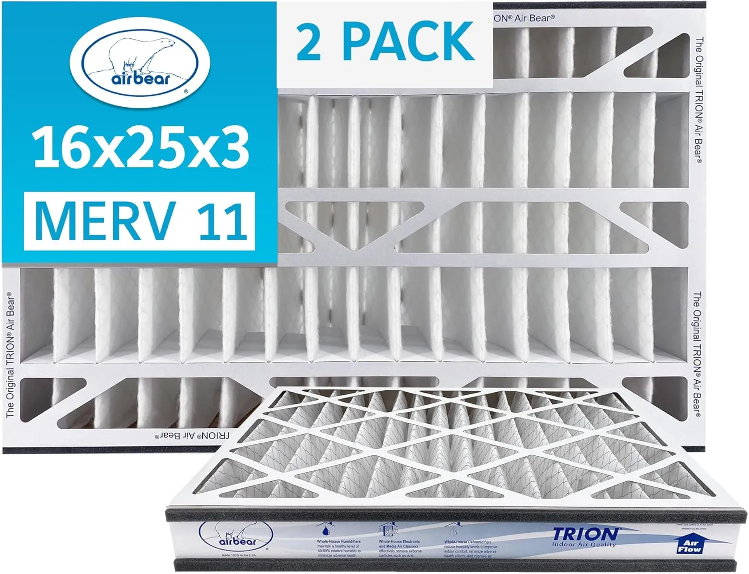 16x25x3 TRION Air Bear Cub Pleated HVAC Air Filter MERV 11 (2-Pack) (Actual Size: 15.75 x 24.75 x 3.06 Inches)