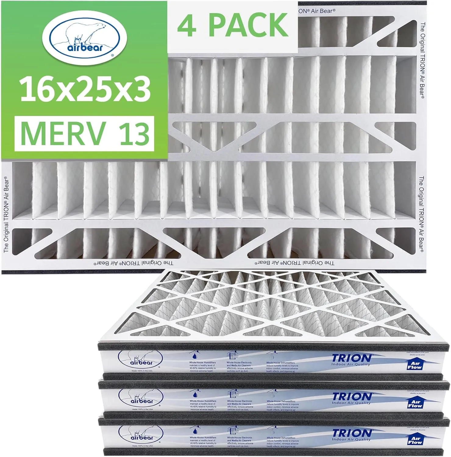 16x25x3 TRION Air Bear Cub Pleated HVAC Air Filter MERV 13 (4-Pack) (Actual Size: 15.75 x 24.75 x 3.06 Inches)