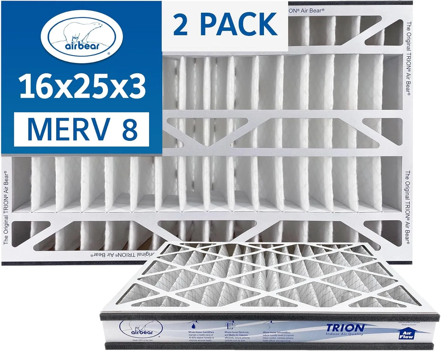 16x25x3 TRION Air Bear Cub Pleated HVAC Air Filter MERV 8 (2-Pack) (Actual Size: 15.75 x 24.75 x 3.06 Inches)