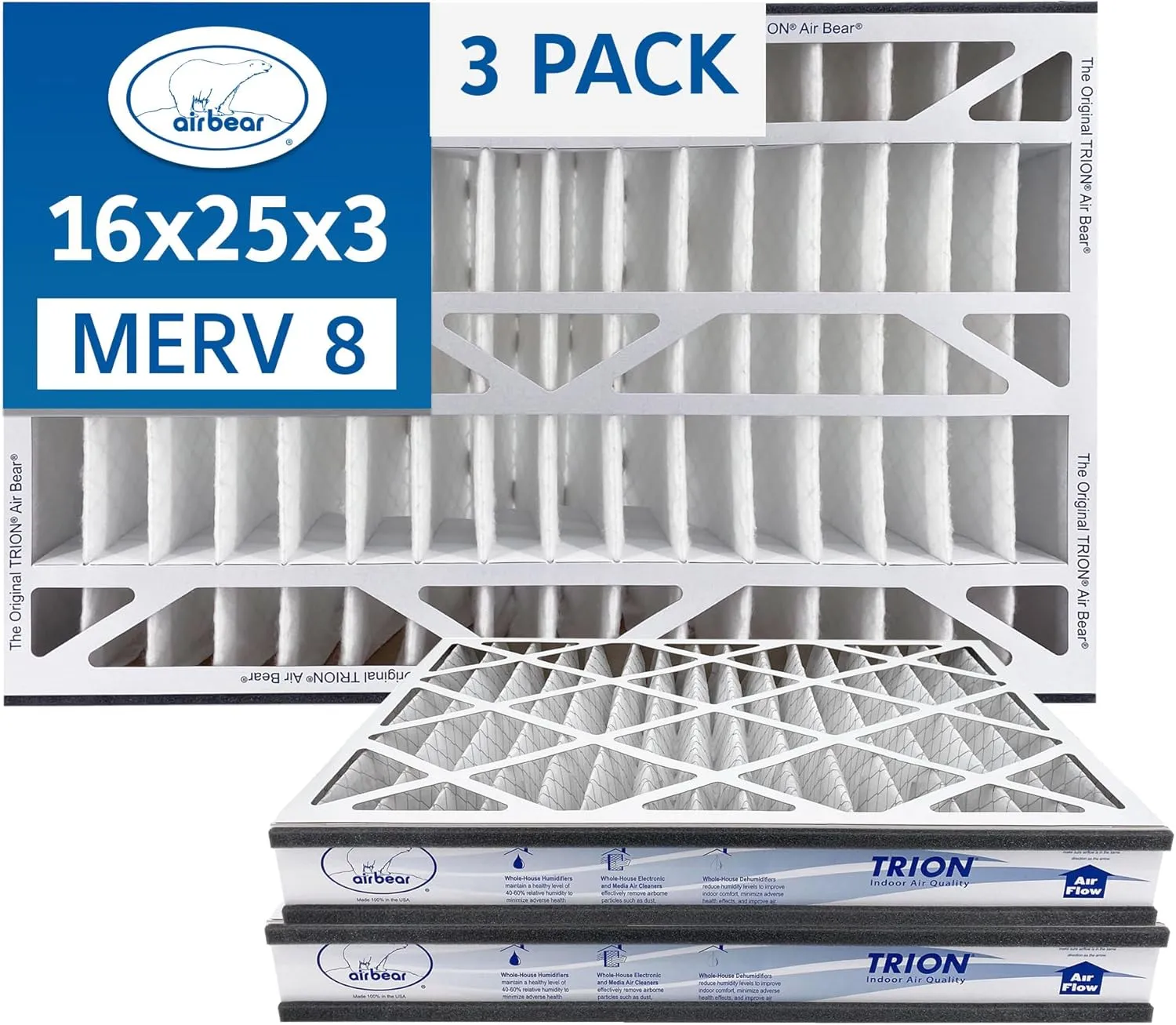 16x25x3 TRION Air Bear Cub Pleated HVAC Air Filter MERV 8 (3-Pack) (Actual Size: 15.75 x 24.75 x 3.06 Inches)