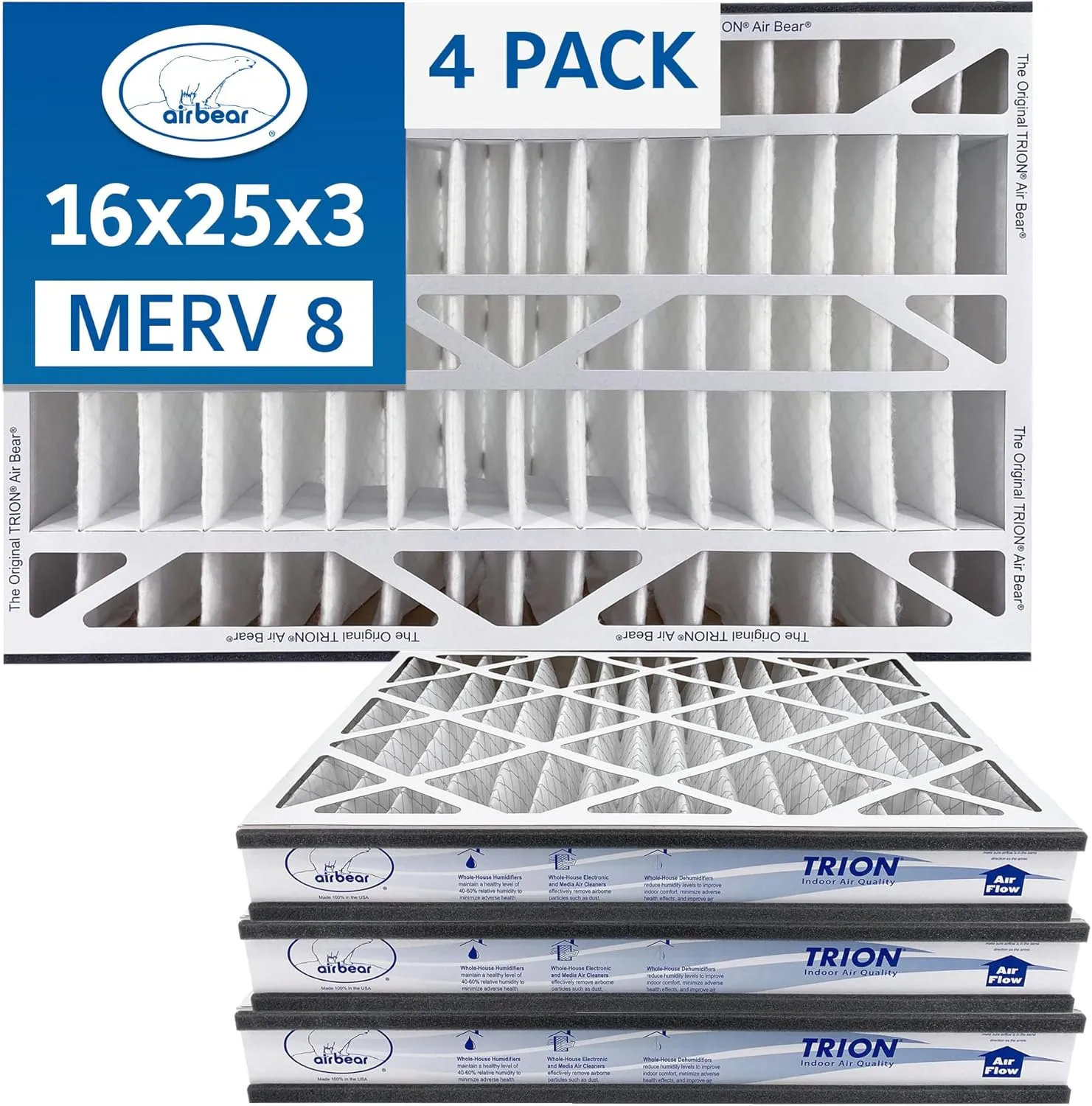 16x25x3 TRION Air Bear Cub Pleated HVAC Air Filter MERV 8 (4-Pack) (Actual Size: 15.75 x 24.75 x 3.06 Inches)