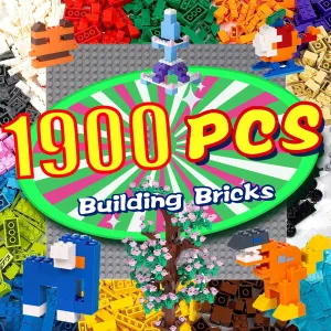 1900 Pieces Building Bricks, Building Bulks Blocks with 1 Packs 24x24 Studs Sticky Plates,400PCS Flowers and Tree/Grassland, Creative Toy Blocks Compatible with All Major Brands 14 Shape/18 Color