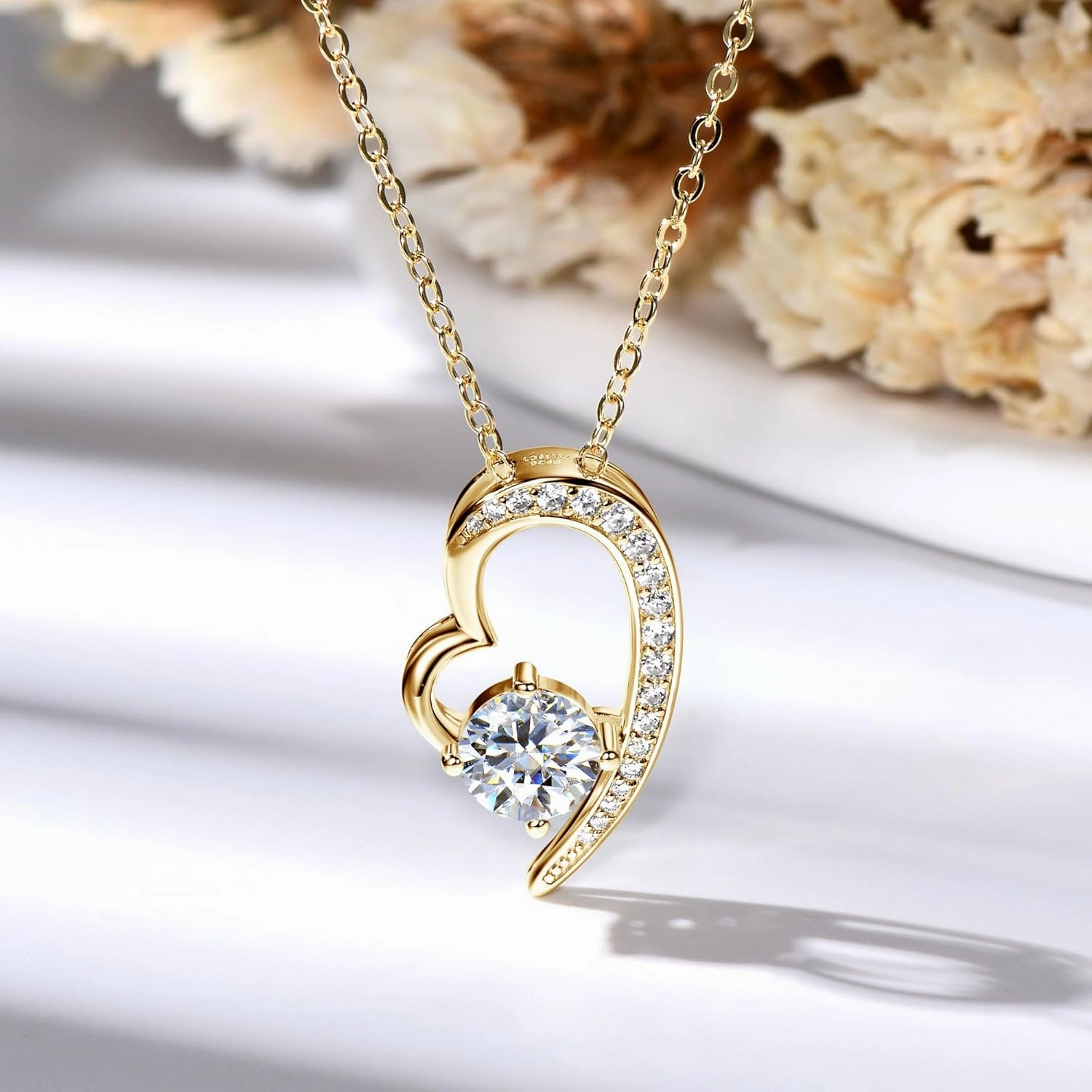 1-2CT Heart/Crescent Moon/Snowflake Moissanite Necklace for Women, Solitaire Lab Created Imitation Diamond Pendant, 18K White Gold Plated D Color Round Cut 925 Sterling Silver Necklace, GRA Certified, 18 2 inch Box Chain