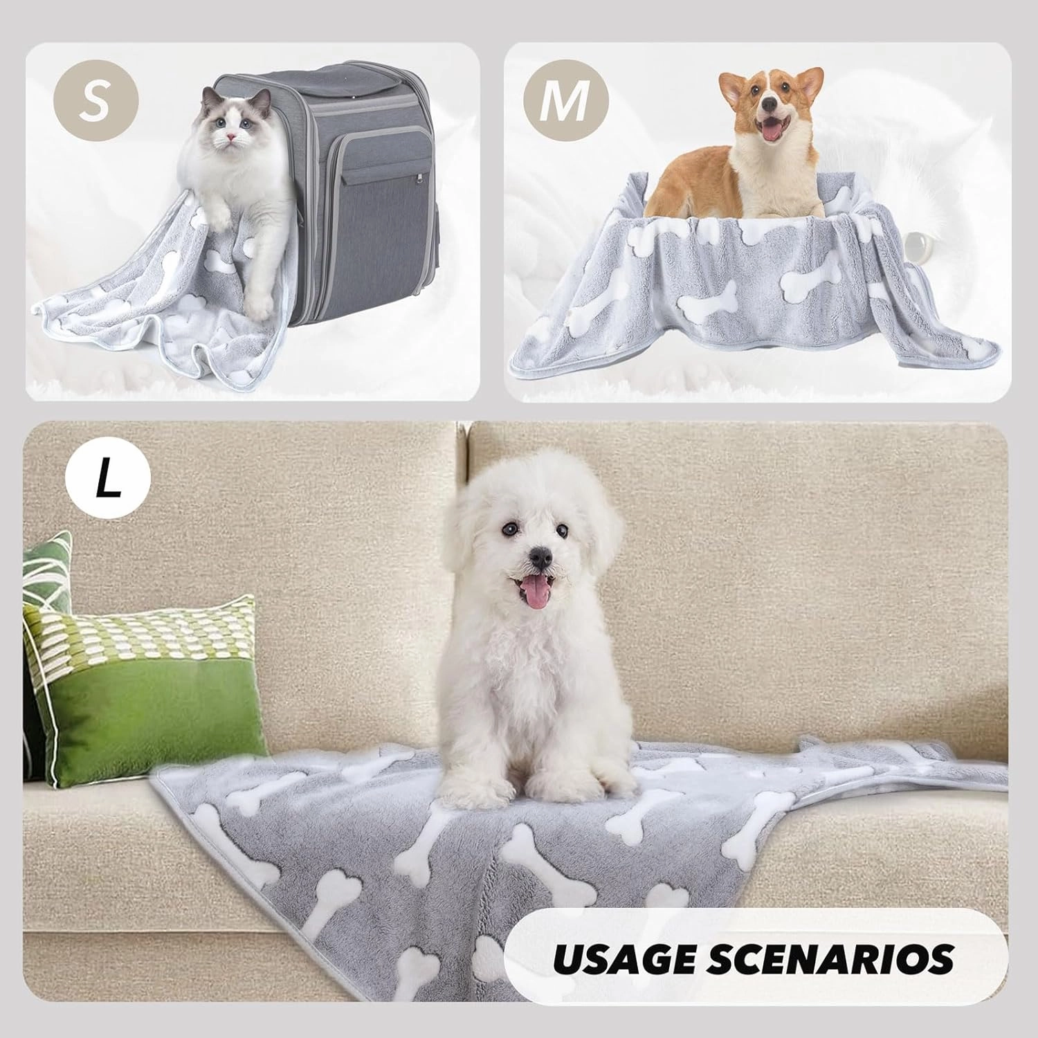 1 Pack 3 Puppy Blankets for Large Dogs Super Soft Warm Sleep Mat Grey Cute Print Fluffy Fleece Pet Throw Dog Blankets for Medium Dogs Cats,Star&Bone&Love-Large(40"x30")
