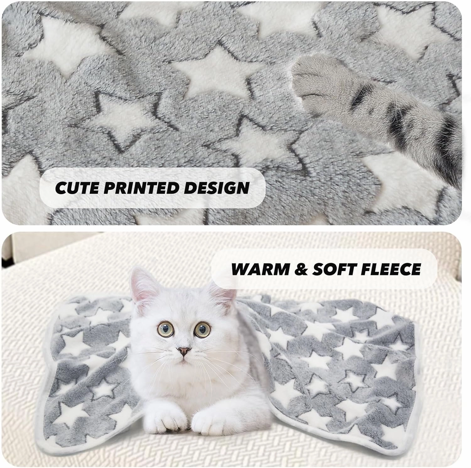 1 Pack 3 Puppy Blankets for Large Dogs Super Soft Warm Sleep Mat Grey Cute Print Fluffy Fleece Pet Throw Dog Blankets for Medium Dogs Cats,Star&Bone&Love-Large(40"x30")