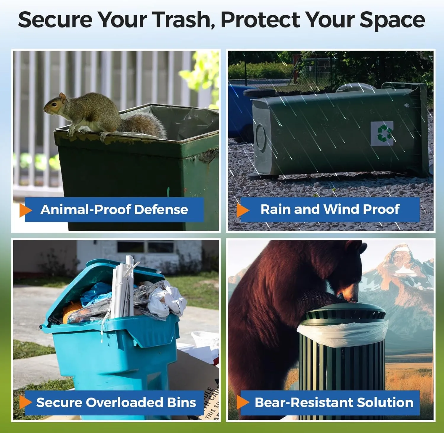 1PCSS Trash Can Locks for Animals with Double Metal Claw Bear Proof Trash Can Lock, Adjustable Strap for 28-96 Gallon Garbage Can Locks for Animals Outdoor Trash Can Lid Lock Against Raccoon