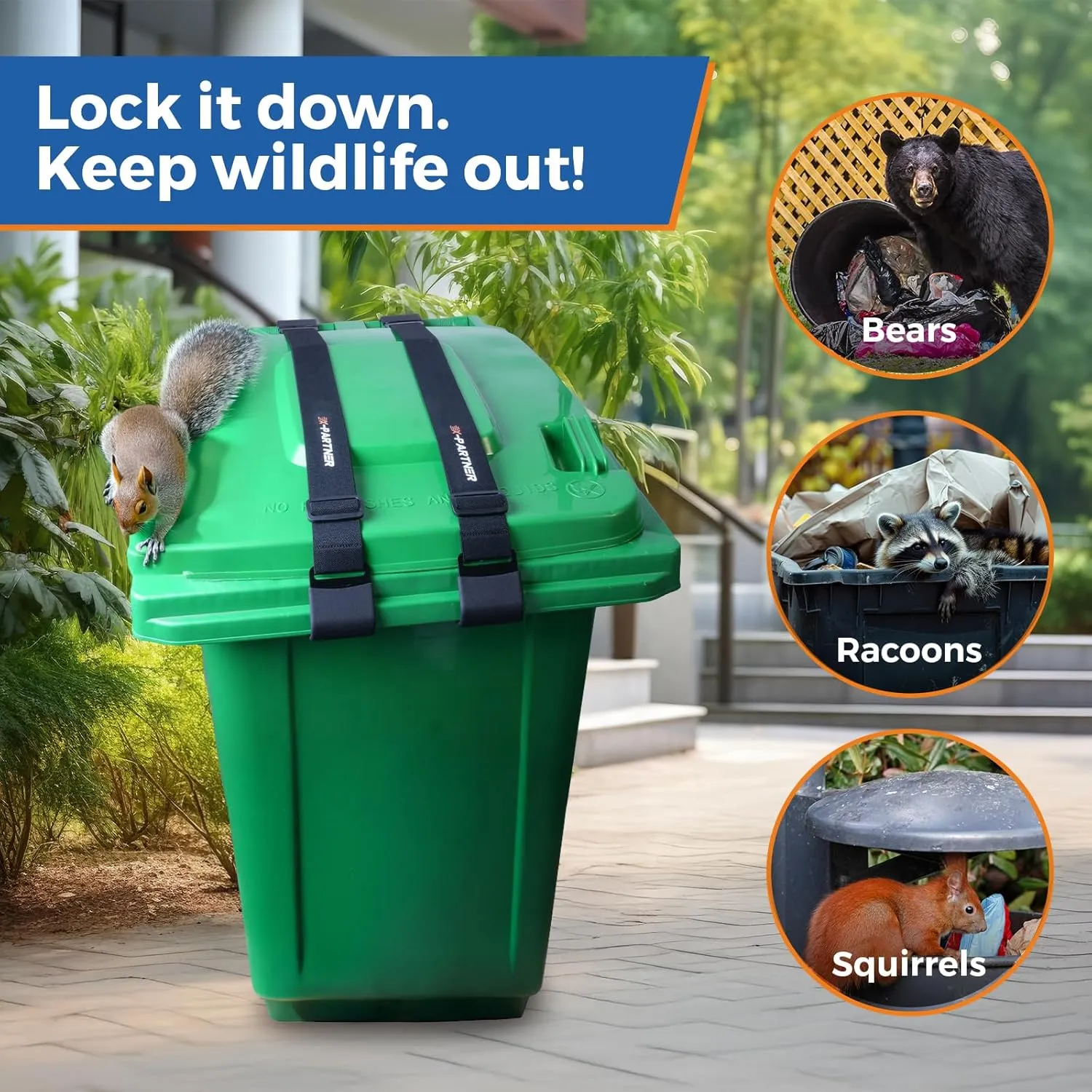 1PCSS Trash Can Locks for Animals with Double Metal Claw Bear Proof Trash Can Lock, Adjustable Strap for 28-96 Gallon Garbage Can Locks for Animals Outdoor Trash Can Lid Lock Against Raccoon