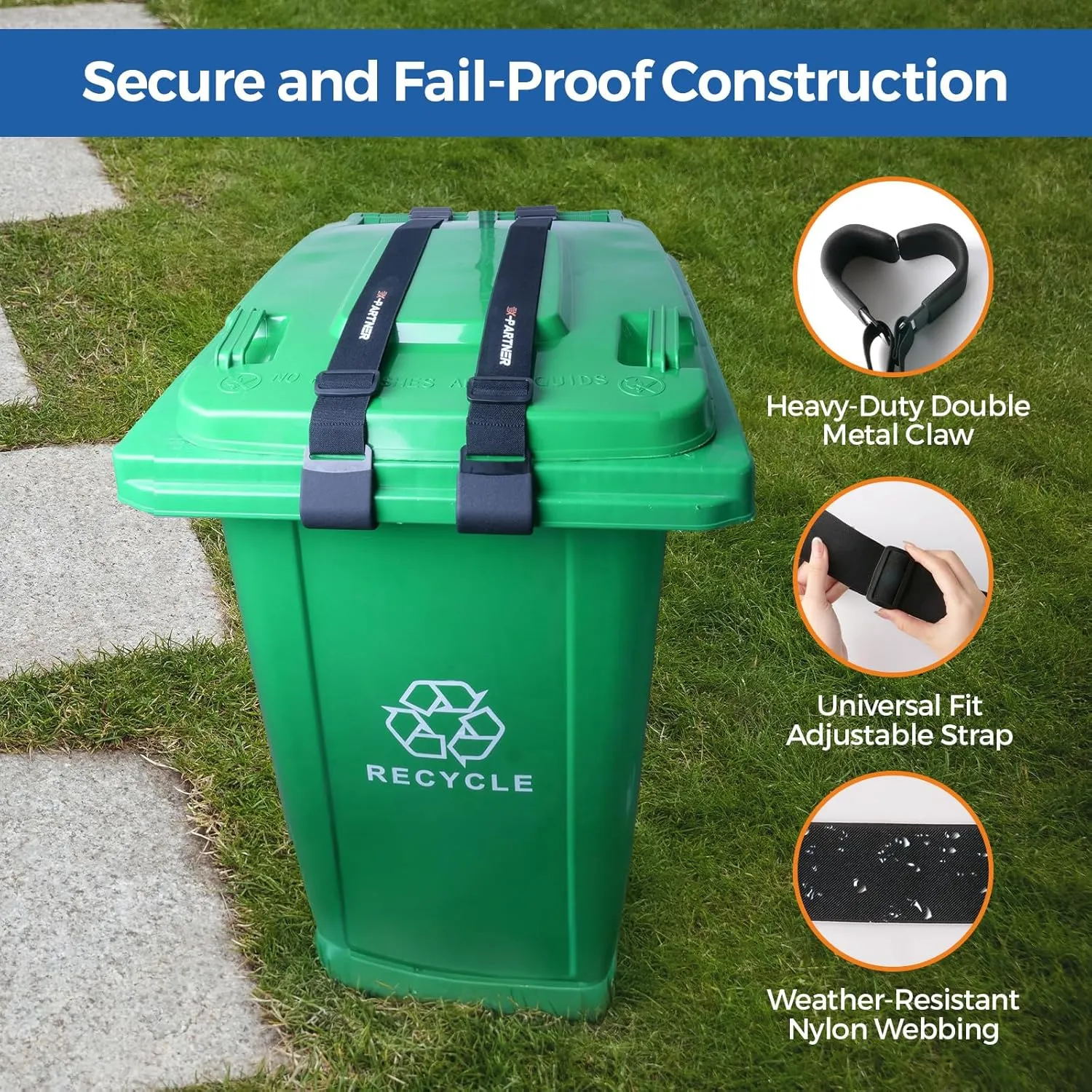 1PCSS Trash Can Locks for Animals with Double Metal Claw Bear Proof Trash Can Lock, Adjustable Strap for 28-96 Gallon Garbage Can Locks for Animals Outdoor Trash Can Lid Lock Against Raccoon