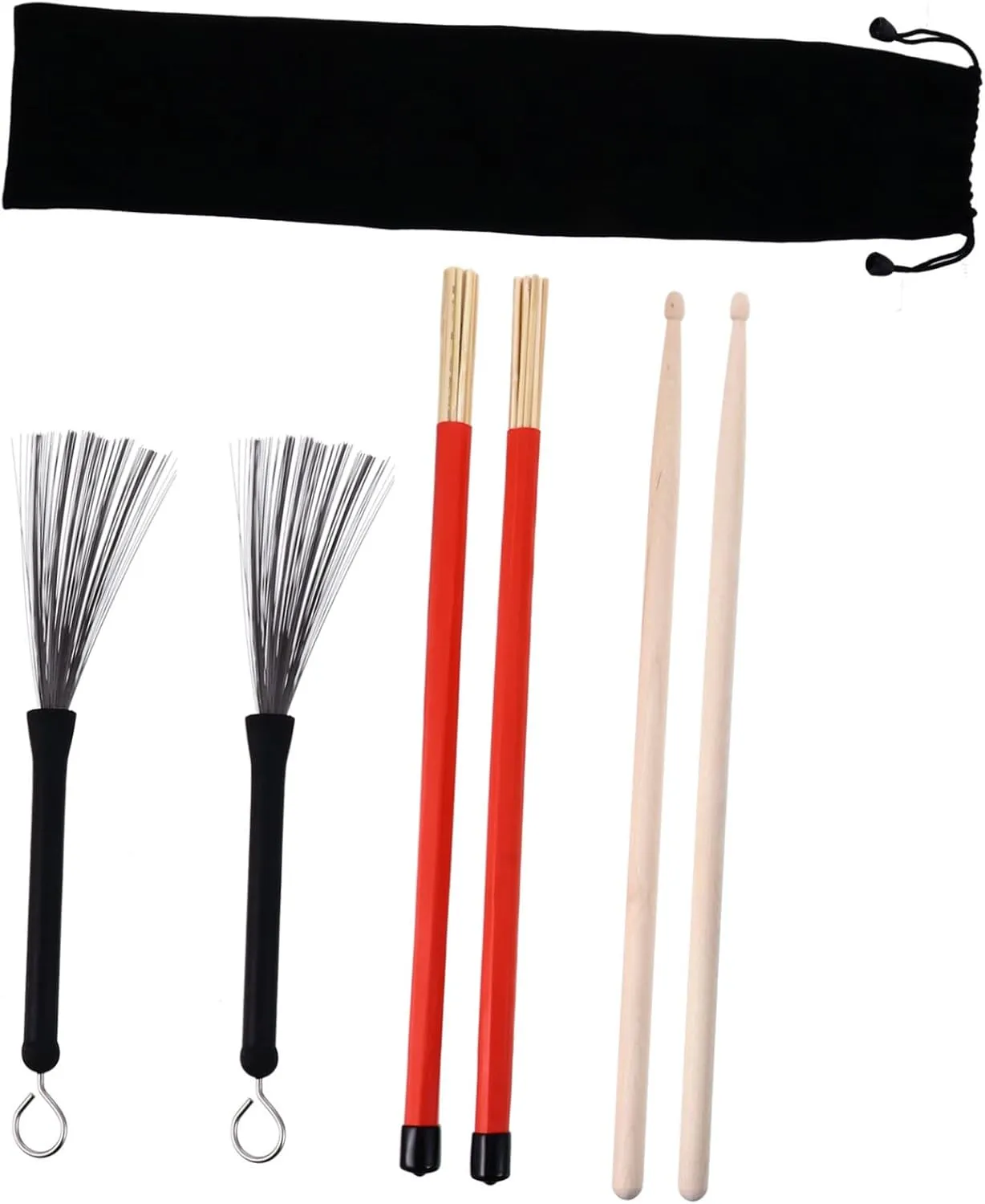 1Set Drum Accessory with Drum Brushes Steel Rod Drumsticks and Storage Bag for Drummers and Practice Sessions